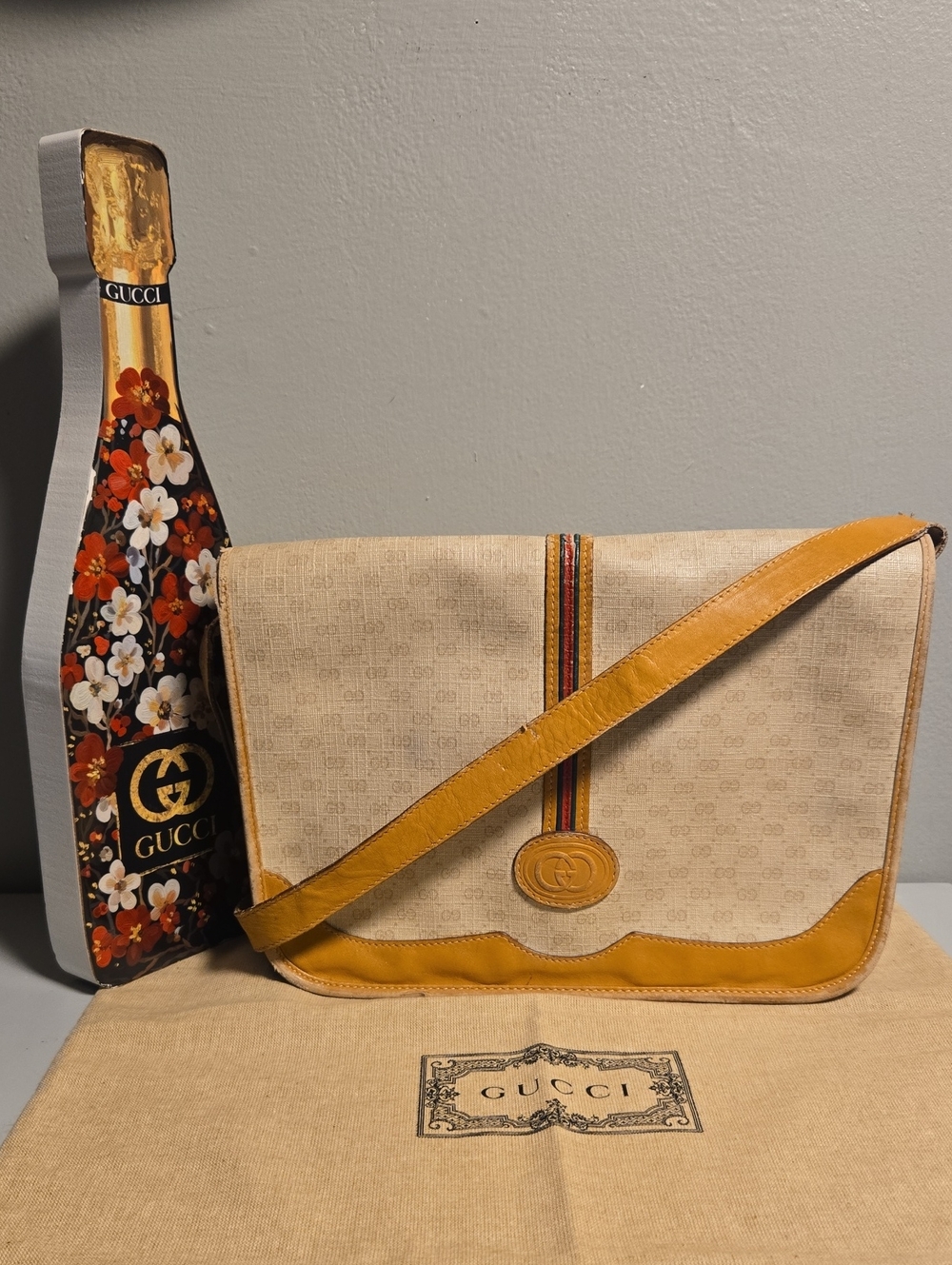 Gucci Micro GG Monogram Cream Cognac Canvas Crossbody Bag